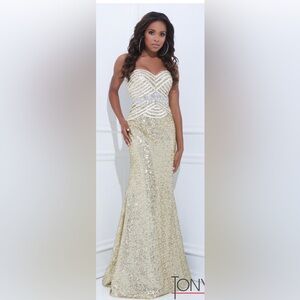 TONY BOWL strapless with corset back gold sequins Long Dress sz 2